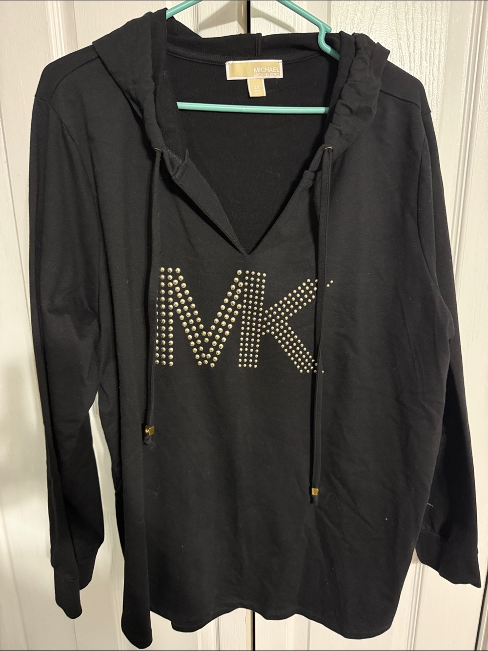 Michael Kors Black V-Neck Hoodie Sweater with Gold Studded MK Logo